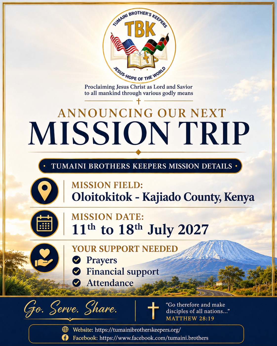 Announcing our next mission trip - Oloitokitok, Kajiado County, Kenya, 11th to 18th July 2027